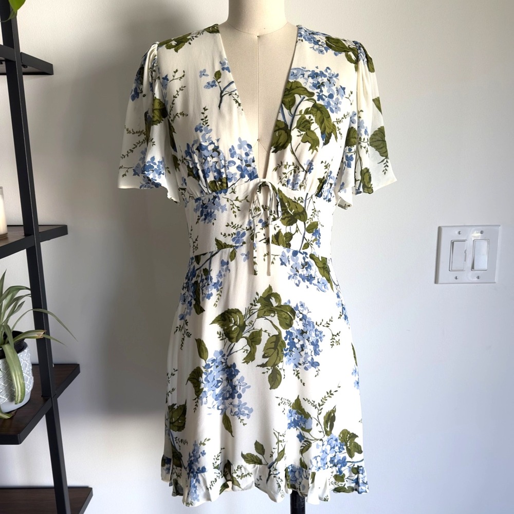 Reformation Mya White Mini Dress with Blue Floral Print